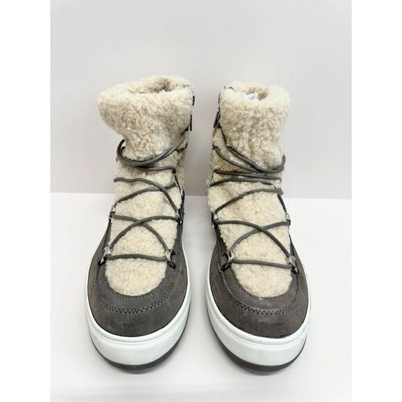 Blondo Winter Boot Size 9.5 Waterproof Gray Cream Suede Shearling Upper Lace Up - Picture 2 of 11